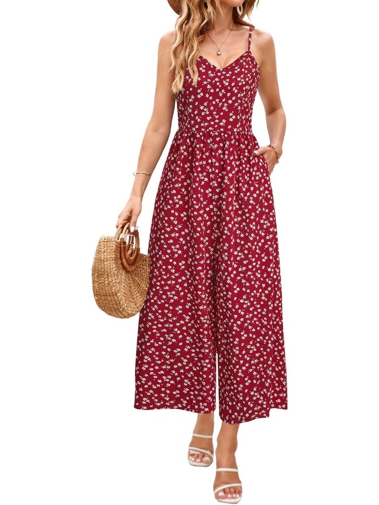 Women's Summer Floral 09 Spaghetti Strap Smocked Long Rompers With Pockets
